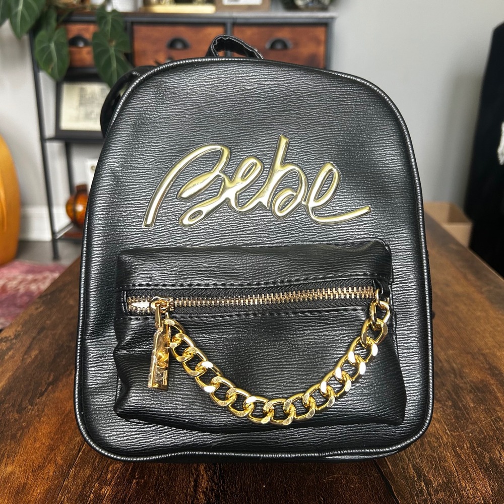 Bebe Gianna Mini Backpack OS Black NWT Gold Chain Script Logo Faux Leather